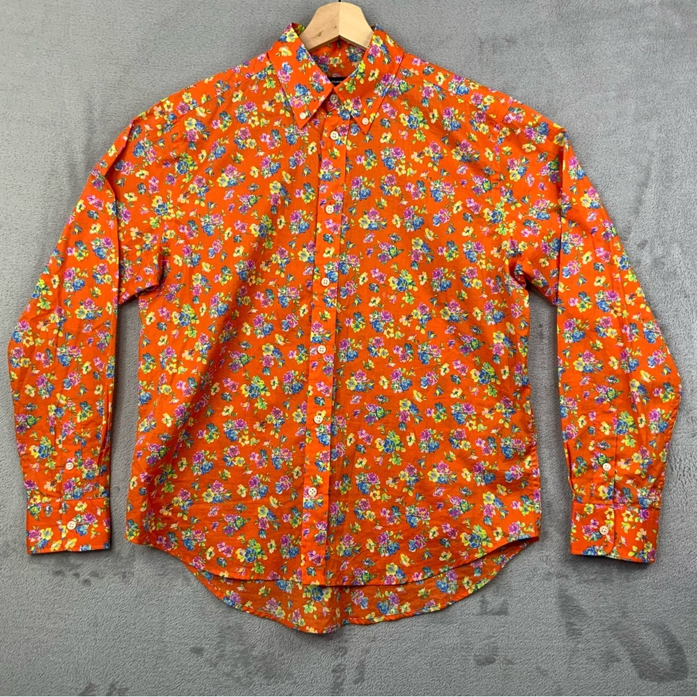Ralph Lauren Orange Floral Collared Button Down Long Sleeve‎ Shirt. Size 14.